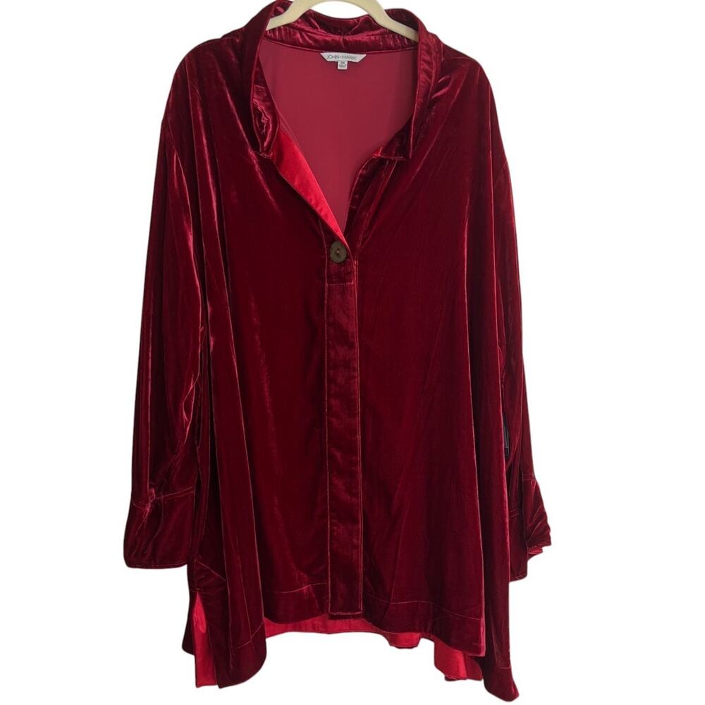 John Mark Womens Velvet Tunic 3X Ruby Red Button Front Wired Collar 3/4 Sleeve